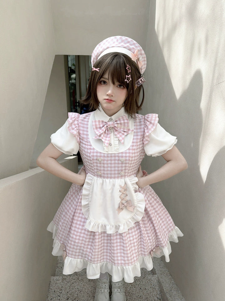 PuppetBombs~Sweet Lolita Dress Pink Plaid Jirai Kei Dress Short Sleeve S Light pink plaid dress 