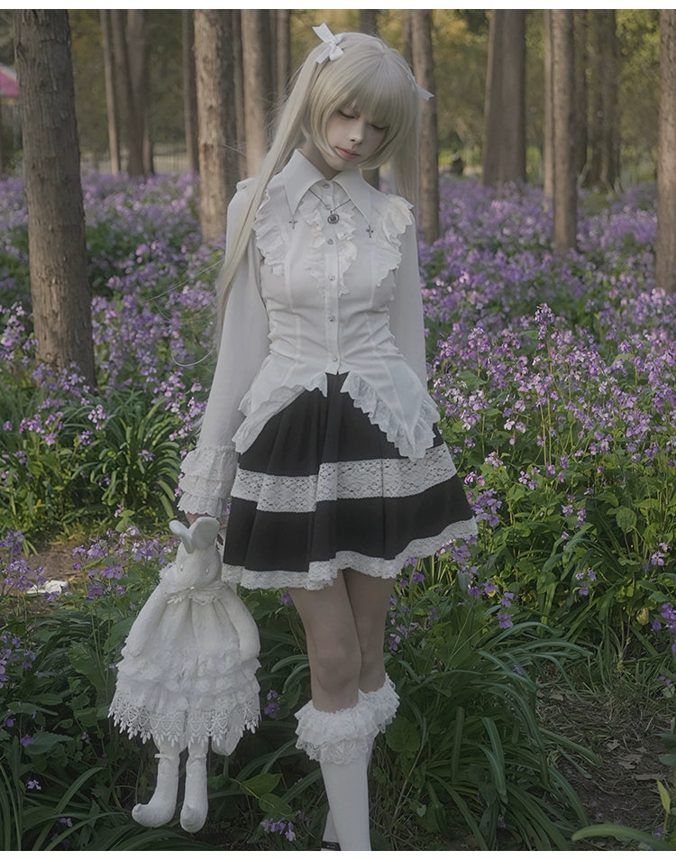 With PUJI~ Gothic Lolita Blouse Black White Waist-Tie Shirt   