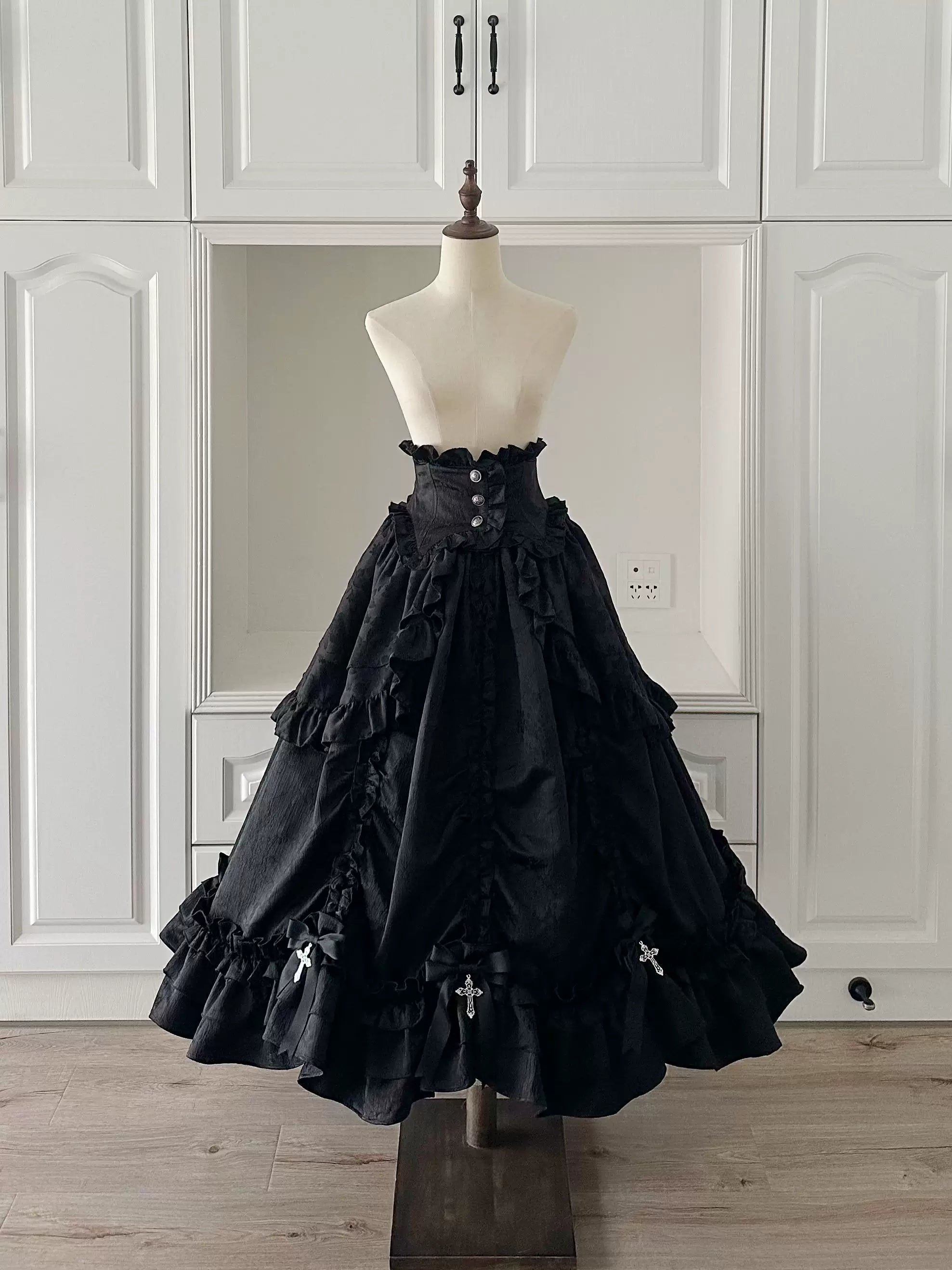Cross Nocturne - Gothic Lolita Corset Dress Set, High-low Hem & Cross Black Skirt - Long Version Only S