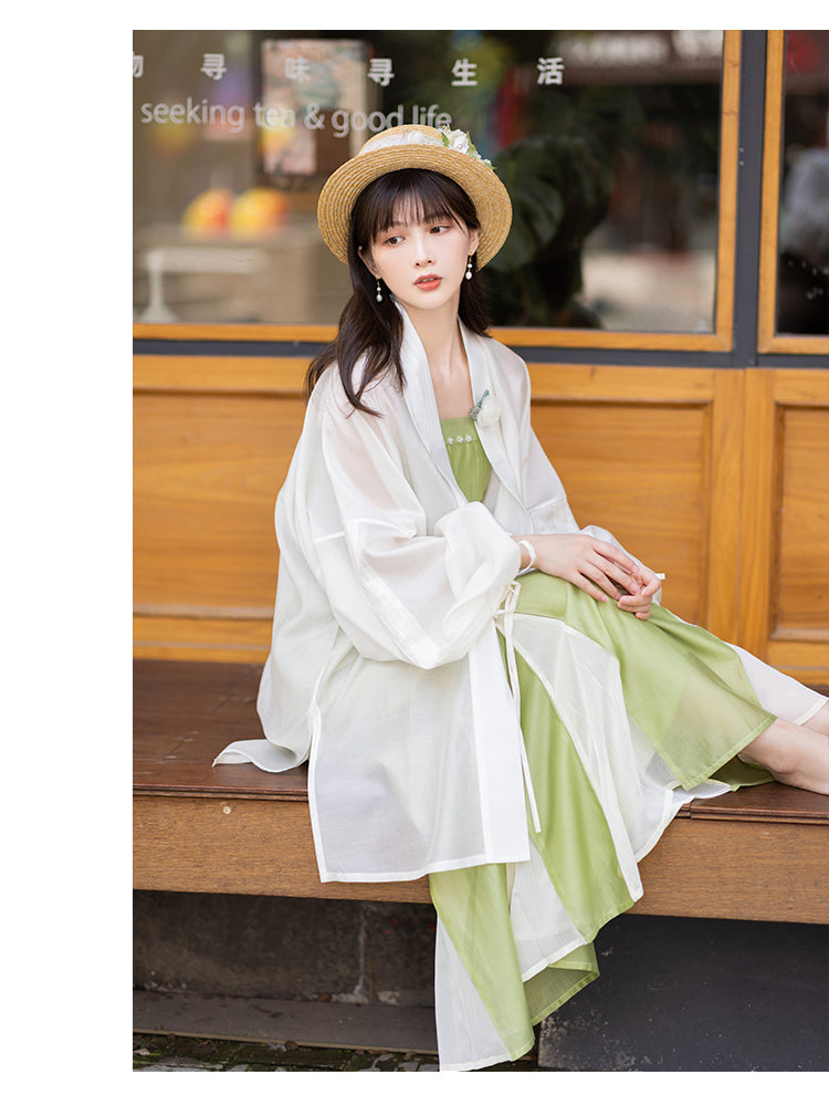 Chixia~Green Plum~Han Lolita Green-White Side Split Skirt Set shirt + suspender + skirt +brooch S 