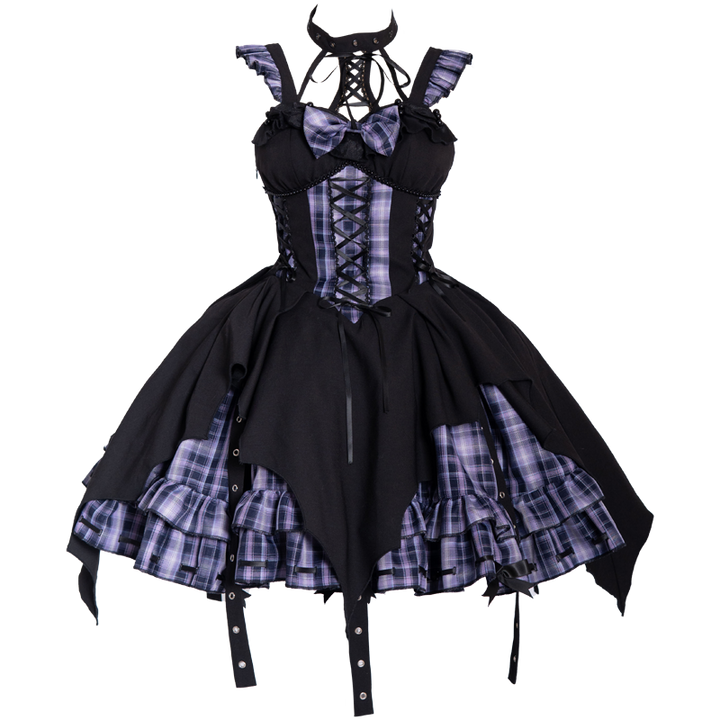 OCELOT~Rock 'N' Row Radio Wave~Punk Lolita JSK Dress Plaid Irregular Hemline Dress S Black Purple (JSK+KC) 