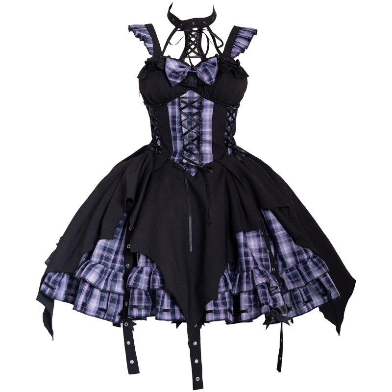 OCELOT - Rock 'N' Row Radio Wave - Punk Lolita JSK Dress Plaid Irregular Hemline Dress S Black Purple (JSK+KC)