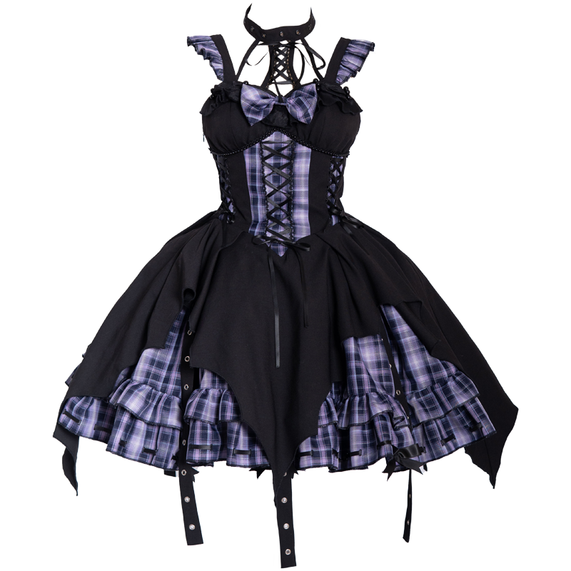 OCELOT~Rock 'N' Row Radio Wave~Punk Lolita JSK Dress Plaid Irregular Hemline Dress S Black Purple (JSK+KC) 