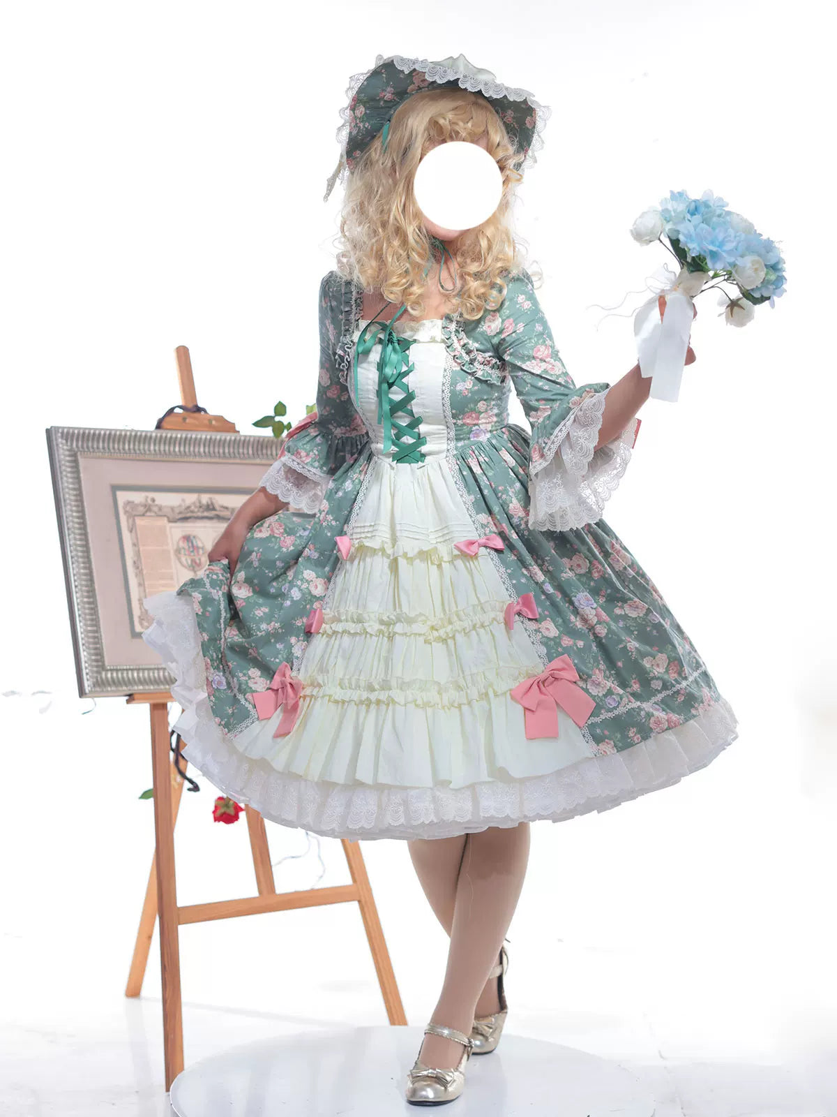 Classic Lolita Rococo Floral Print OP Dress, Lace Hime Sleeve 45668:857606