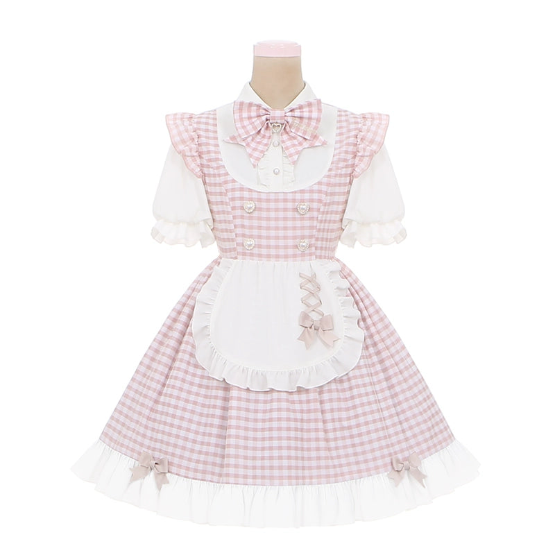 PuppetBombs~Sweet Lolita Dress Pink Plaid Jirai Kei Dress Short Sleeve