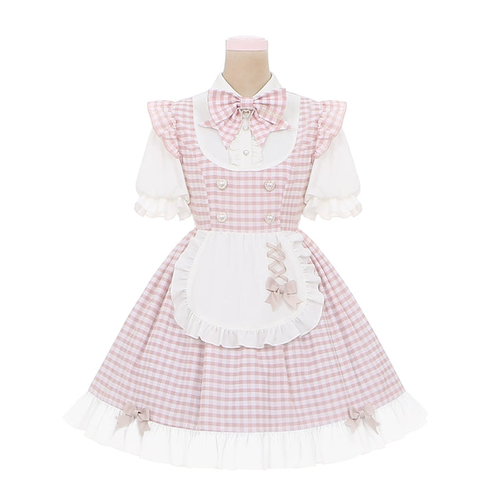 PuppetBombs~Sweet Lolita Dress Pink Plaid Jirai Kei Dress Short Sleeve   