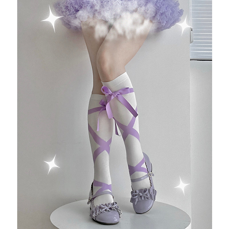 Roji roji~Uniform Cotton Lolita Autumn Calf Socks free size purple bow tie 