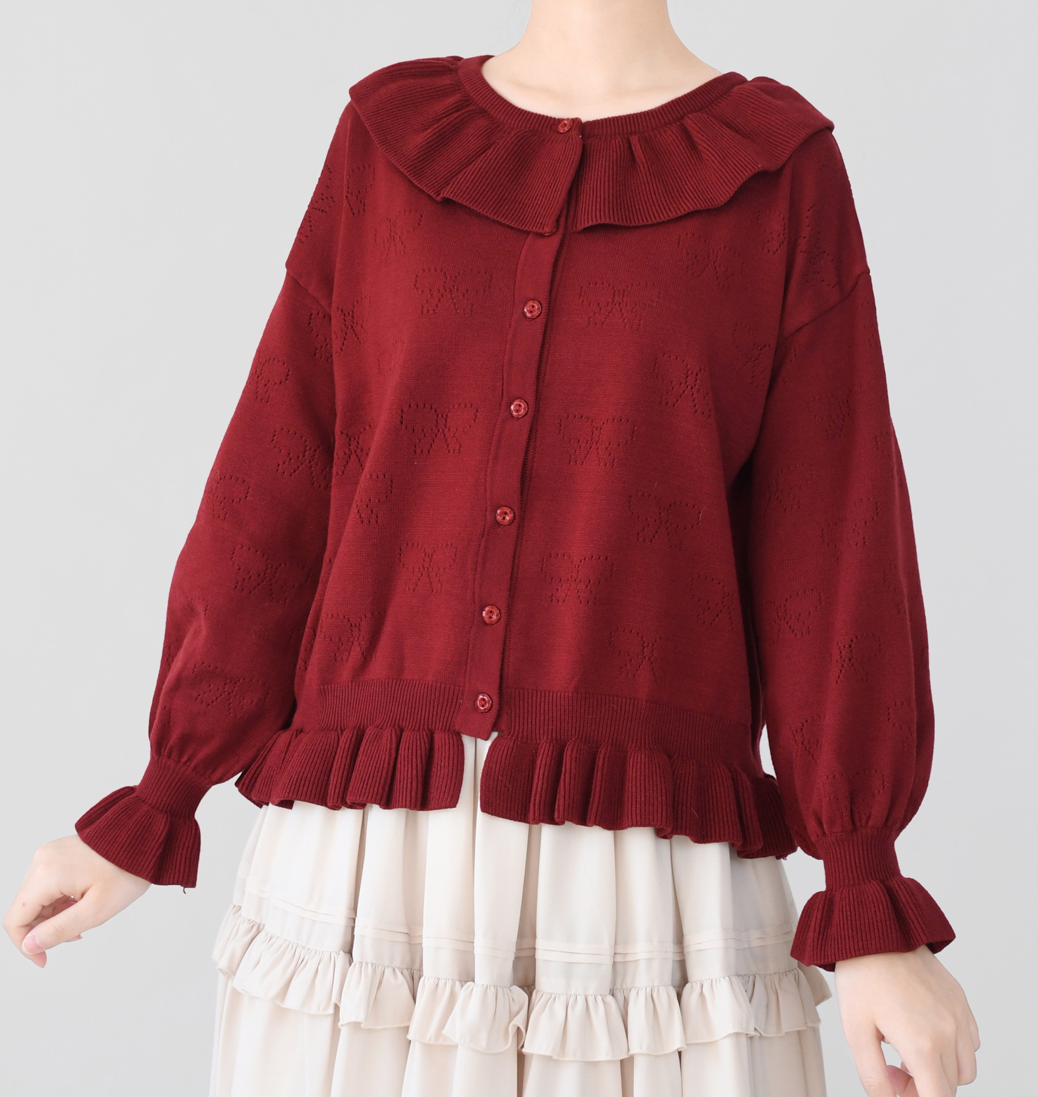 MIST - Vintage Lolita Bow Hollowed-out Sweater Ruffled Cardigan
