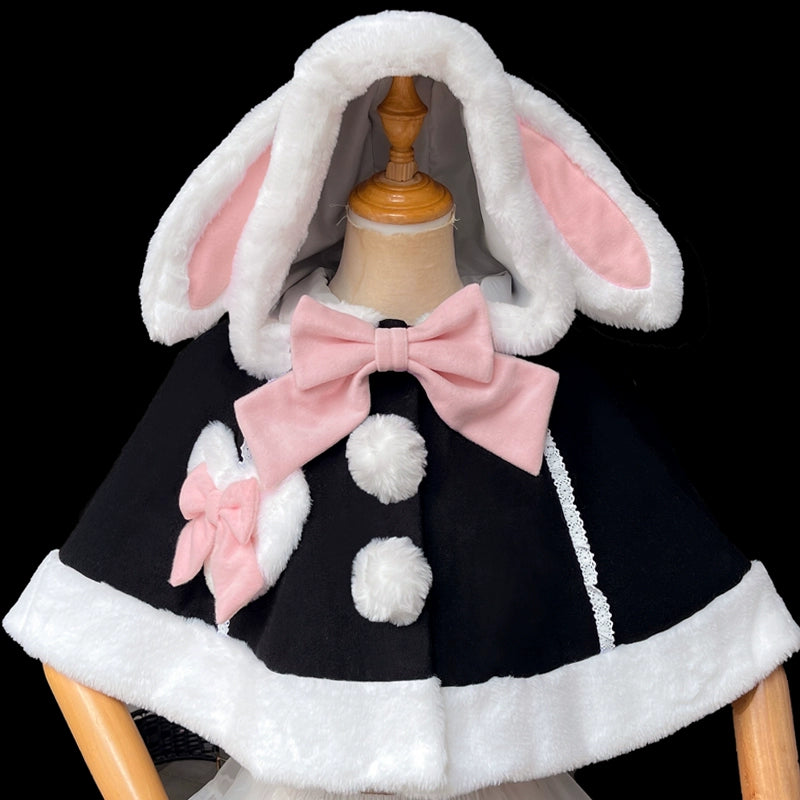 ZhiJinYuan~Kawaii Lolita Cape Winter Lolita Cat Rabbit Ear Coat Sweetheart Bunny Black Cape Only Free Size