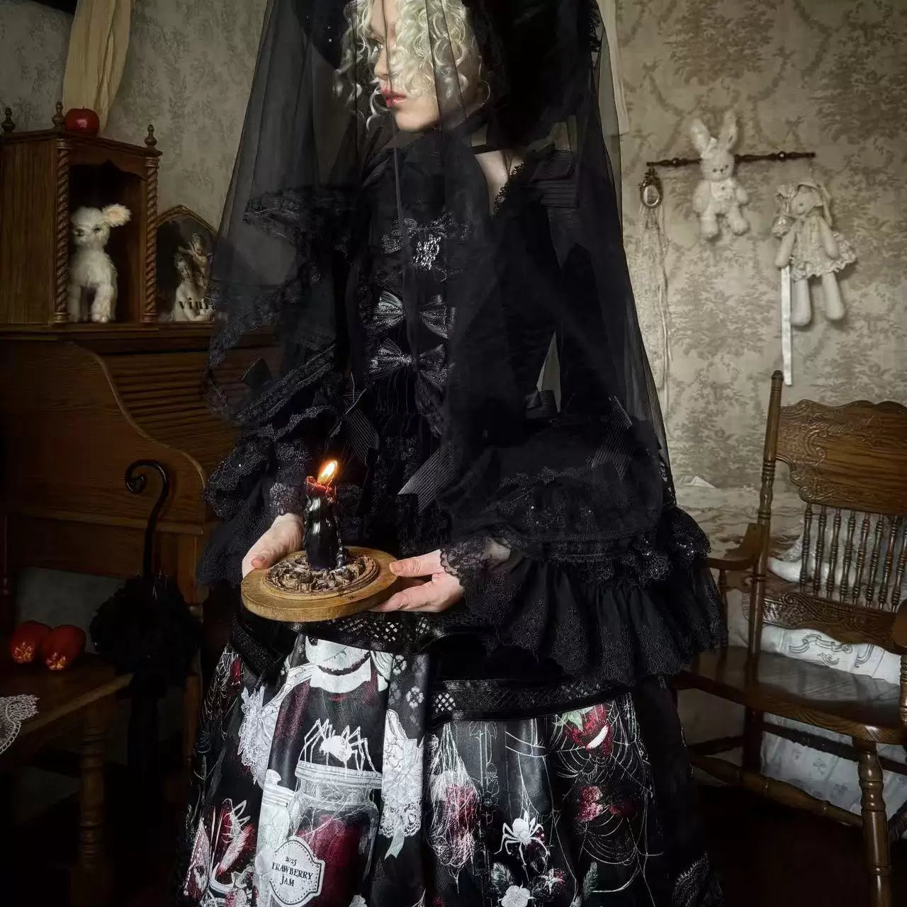 Monster Strawberry Hunt - Gothic Lolita Strawberry Printed Velvet Dress Set 45737:859880