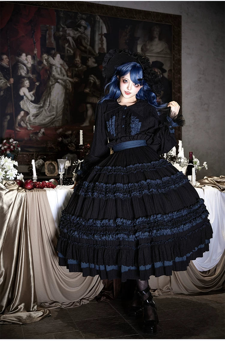 Wings and Bouquet - Dark Classic Lolita Blouse and SK Set, Layered Blue Ruffles 45680:858309