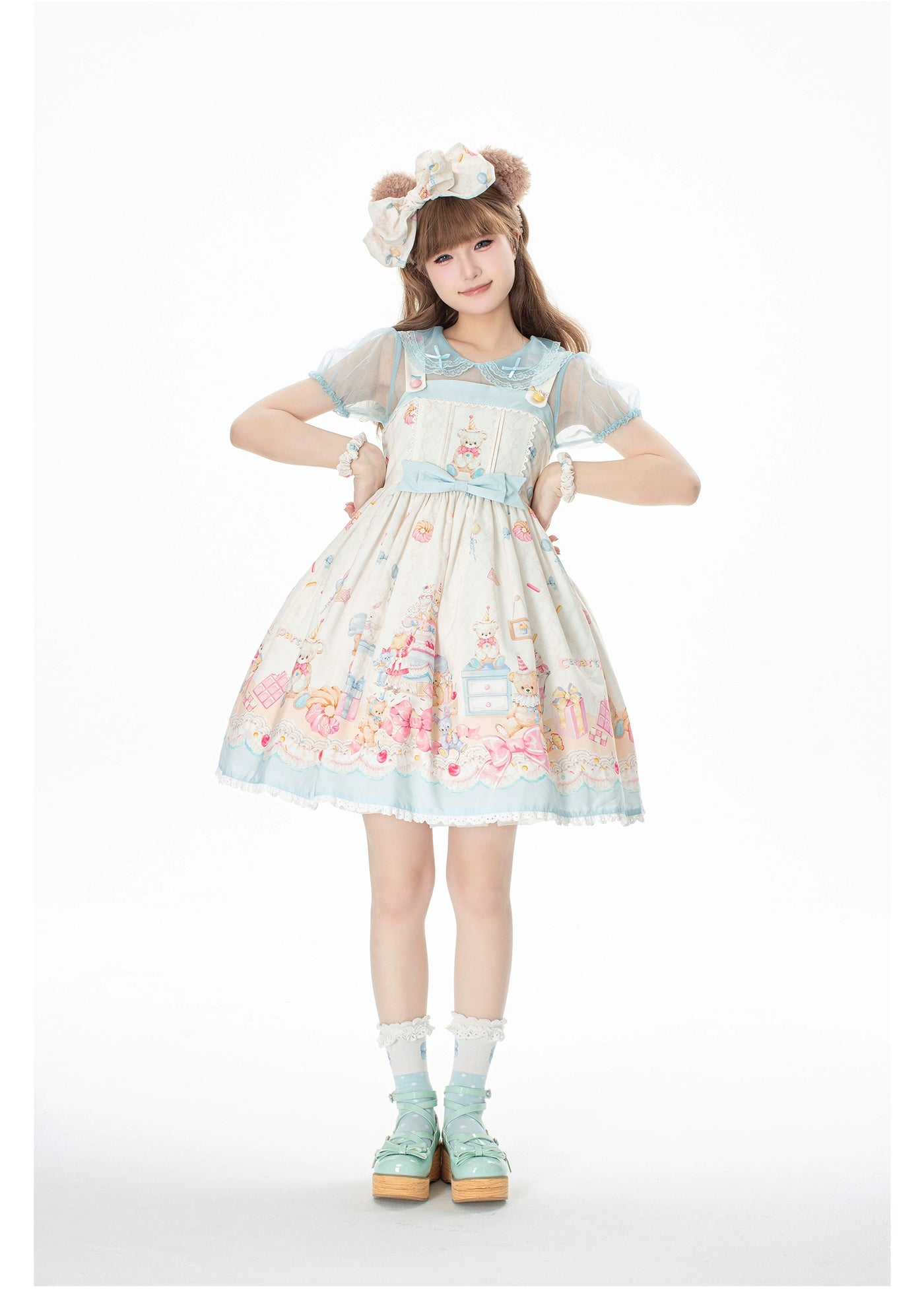GD Lolita~Cake House~Sweet Lolita Bear Print Blue Dress Set S bule JSK 