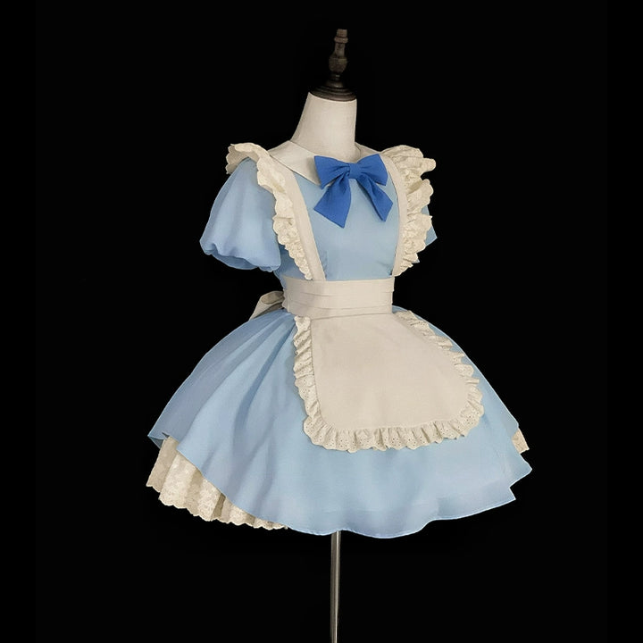 With PUJI~KissKiss~Maid Lolita OP Dress Pleated Lace Multicolor Dress S Light blue OP + dark blue bow 