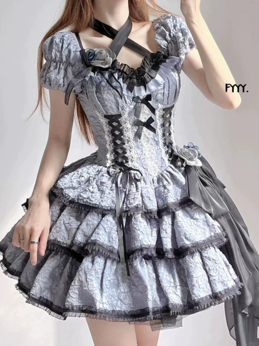 Xingweimian~Medea's Kiss~Gothic Lolita OP Dress Short-Sleeved Black-blue Dress Set   