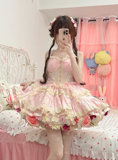 Sky Rabbit~Harvest Spring~Flower Petticoat~White and Pink Colorful free size 35cm white+pink colorful