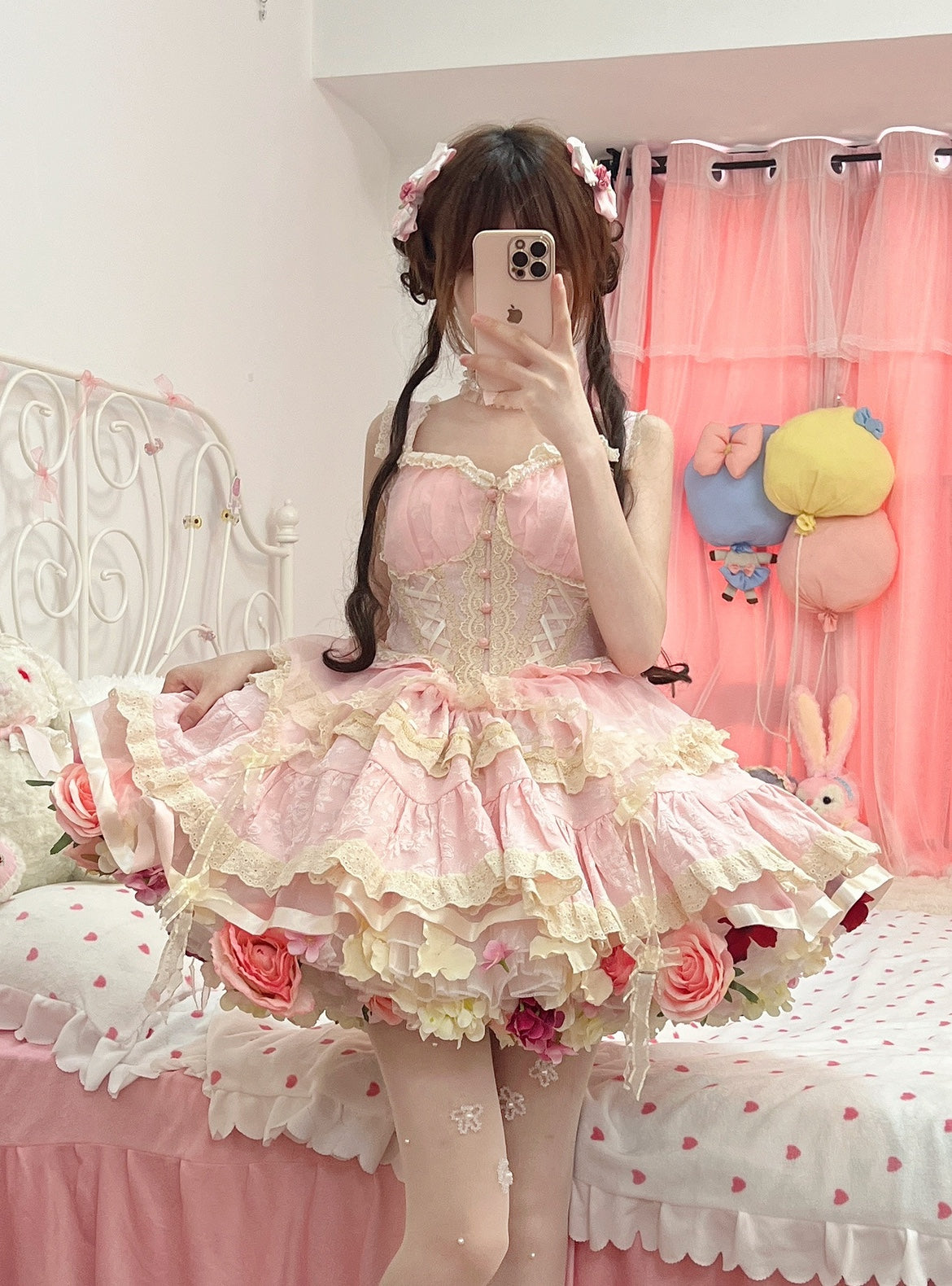 Sky Rabbit~Harvest Spring~35cm/45cm Flower Lolita Petticoat free size white+pink colorful 35cm