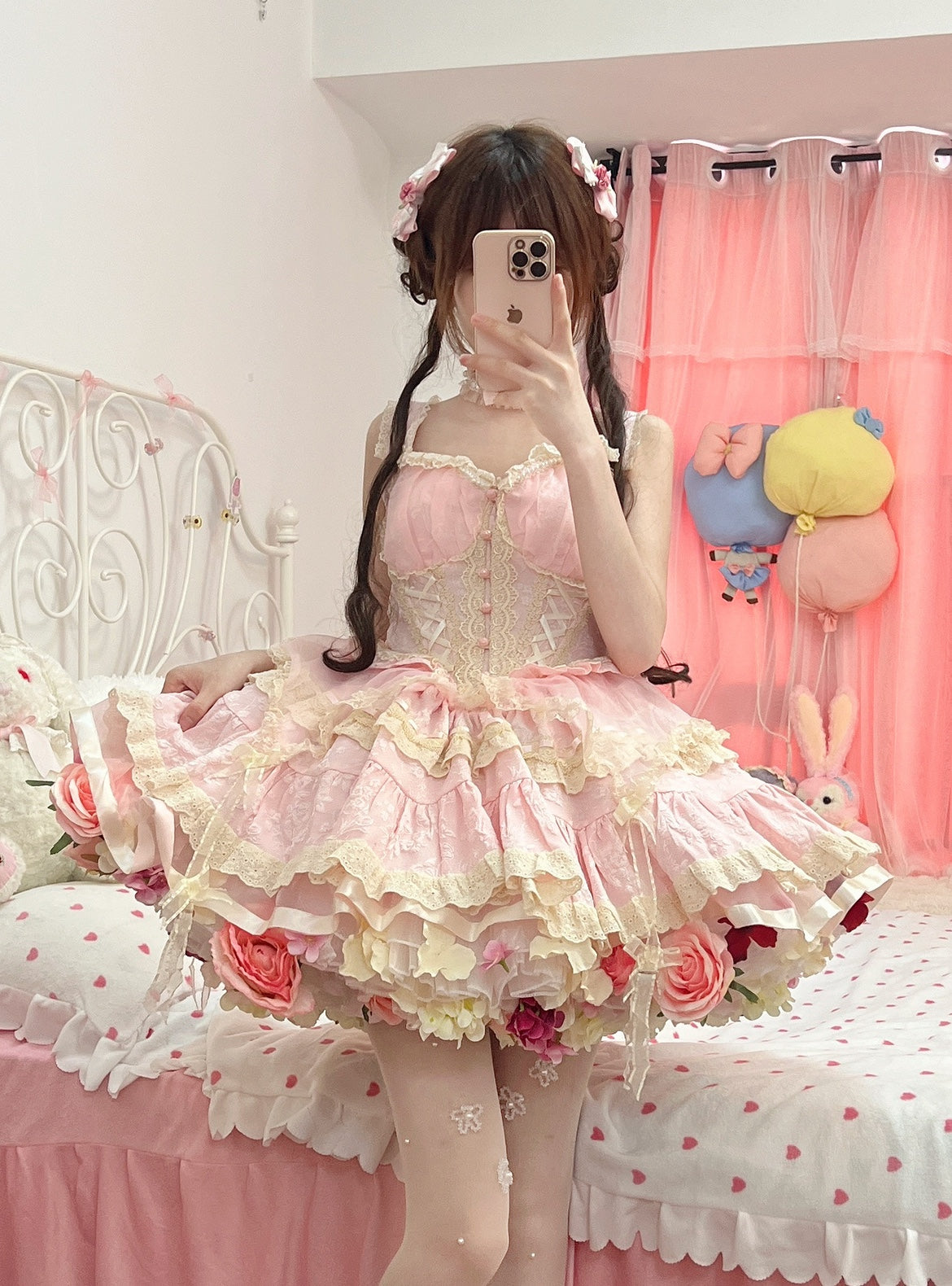 Sky Rabbit - Floral Lolita Petticoat with Detachable Trim White X Pink One Size Double-layer Petticoat - 35 cm (2 petticoats included)