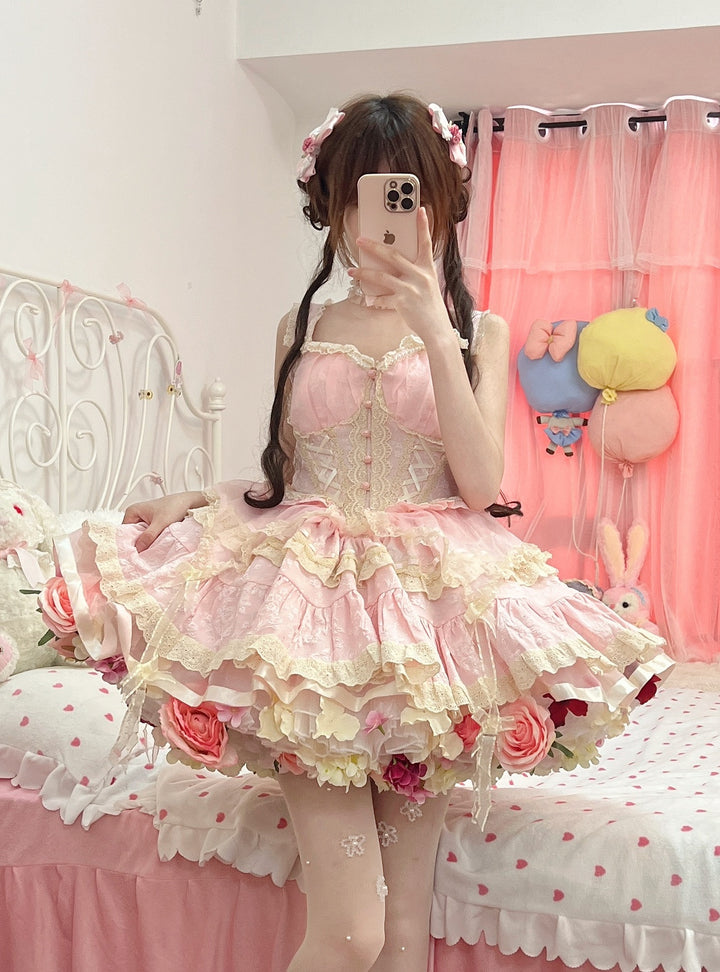 Sky Rabbit~Floral Lolita Petticoat with Detachable Trim White X Pink Free size Double-layer Petticoat - 35 cm (2 petticoats included)