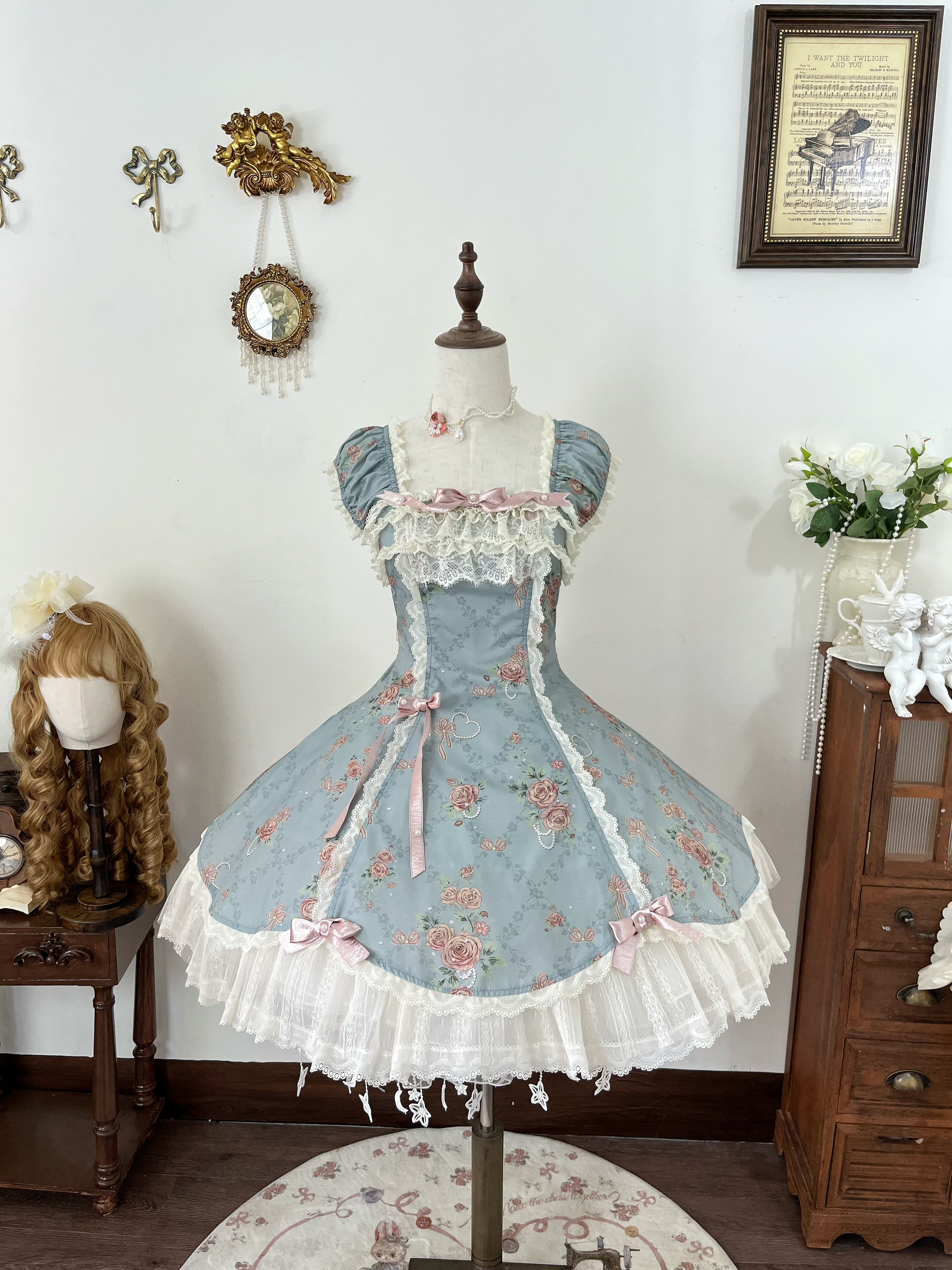 Pearl & Rose - Old School Lolita Floral Print Lolita OP Dress, Back Opening (L M S) 45925:868417