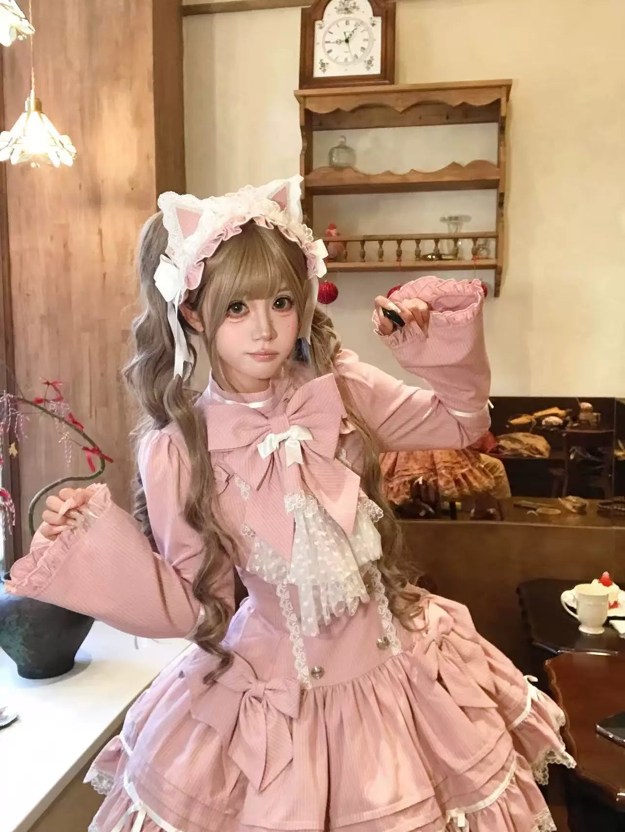 Phantom Kitty - Old School Lolita Low Waist OP Dress, Lace & Bow