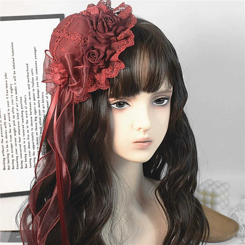 Youge Original Accessory - Gothic Lolita Red Top Hat, Rose & Bow 44131:796368