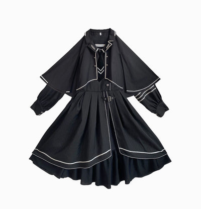 (BFM)With Puji~Devoted War Machine~Military Lolita Black OP Dress and Cloak full set(an OP dress a cloak and a tie) S 