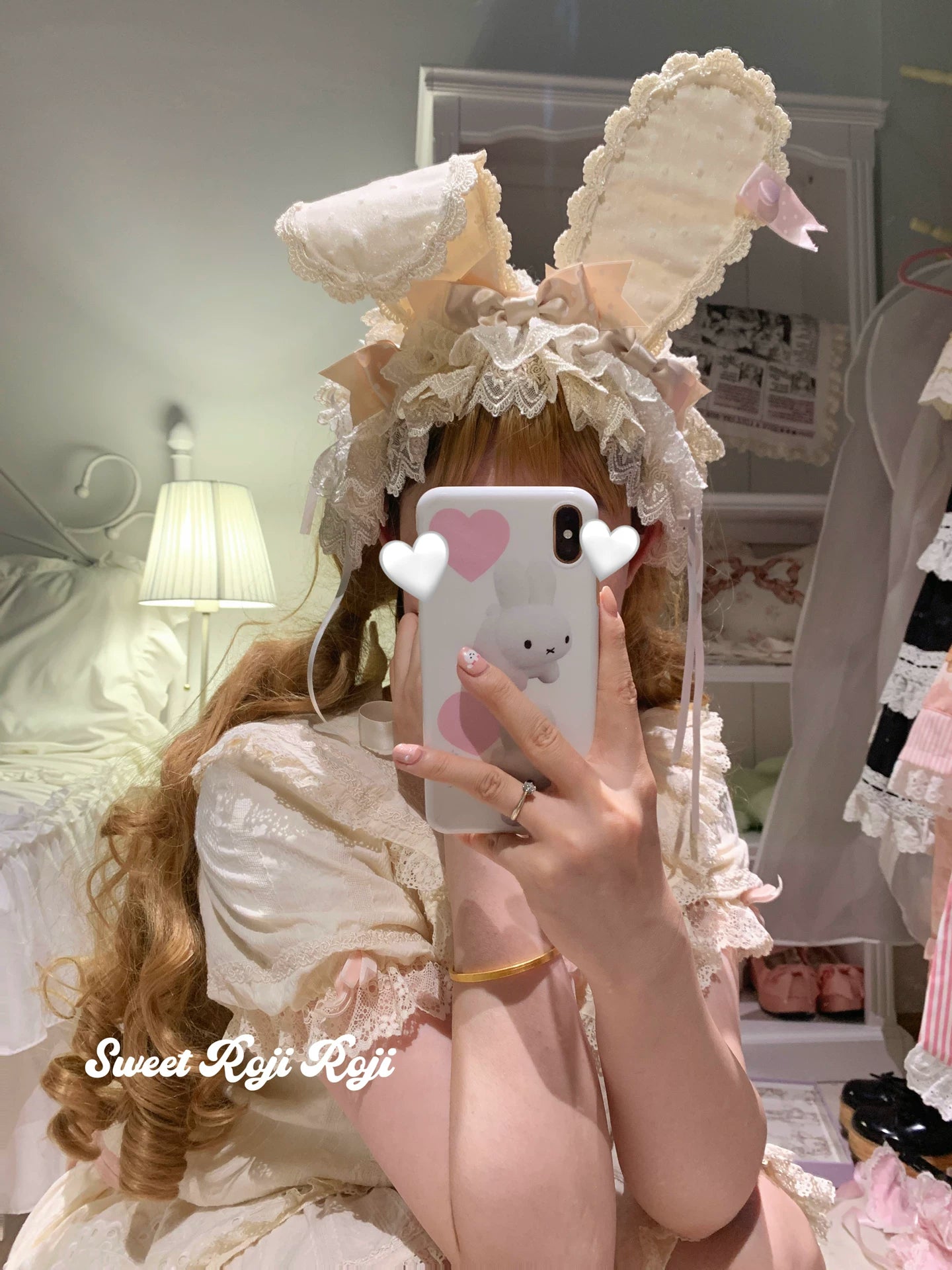 Kawaii Lolita Bunny Ear Hairband, Polka Dot Bow Hairband (ivory)