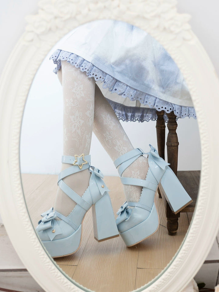 Beauty Bunny~Star Prayer~Kawaii Lolita Shoes Round Toe Summer Heels 34 Patent blue 