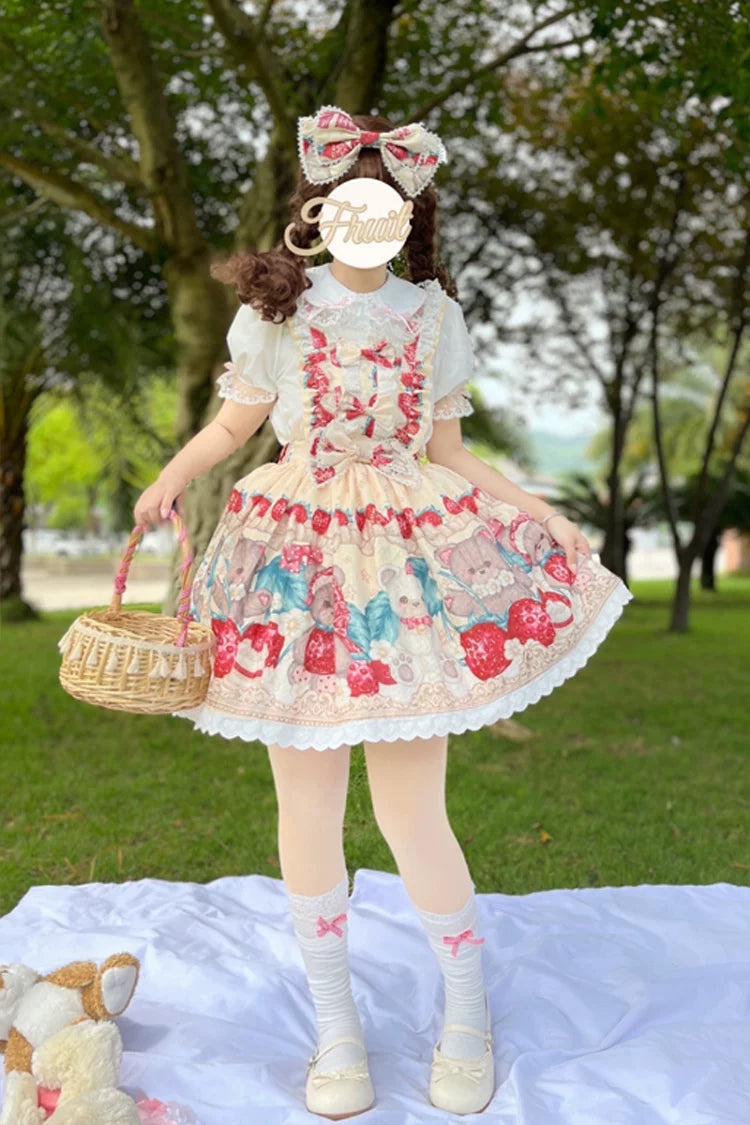 Bearberry Pastry Chef - Kawaii Lolita Salopette Dress, Bear & Strawberry Print