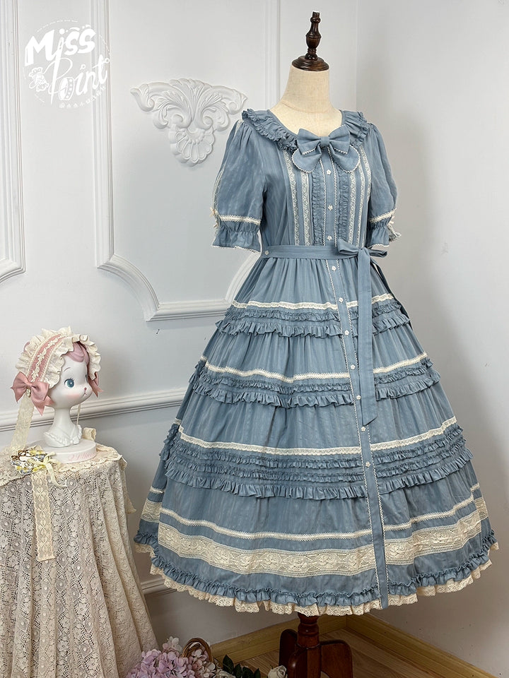 Miss Point~Cat Rose Tea~Elegant Lolita OP Open-front Short Sleeve Tiered Dress 42135:727826