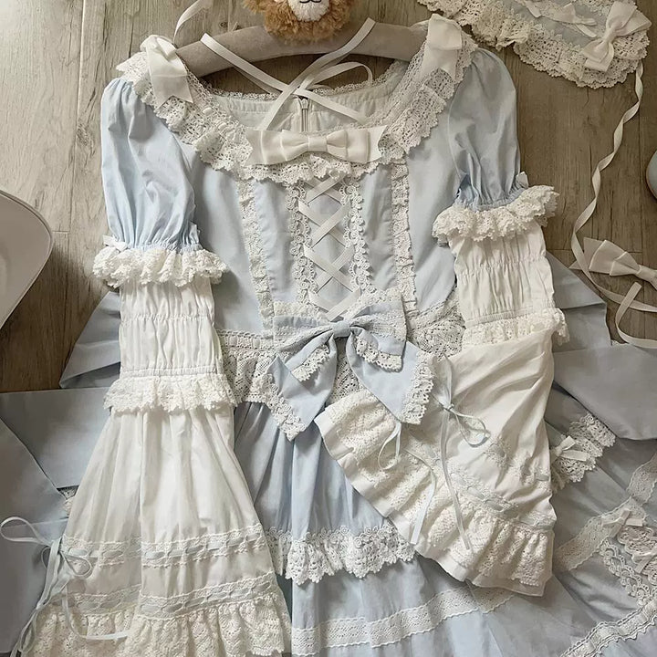 AerialCat~Cream Petal~Old School Lolita OP Dress Cotton Lolita Dress White with Pink Ribbon - Sleeves S 