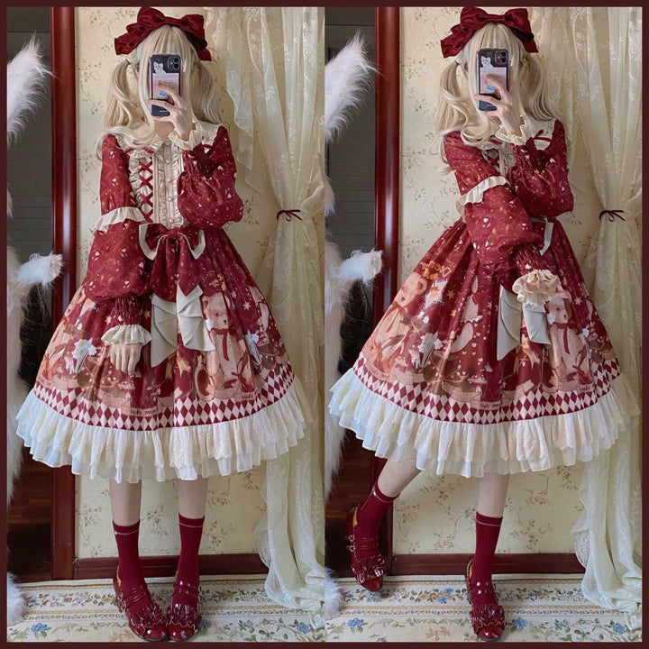 Matutu~Sweet Bear Gift House~Sweet Lolita Suit Christmas Lolita OP and Cape   