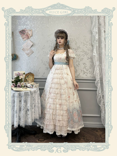 Alice girl~Night Rose~Retro Lolita Dress Floral Print Short Sleeve OP Dress   