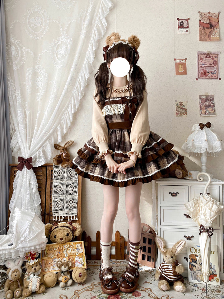 Qianmu~Caramel Cocoa~Sweet Lolita JSK Plaid Design Autumn and Winter Dress   