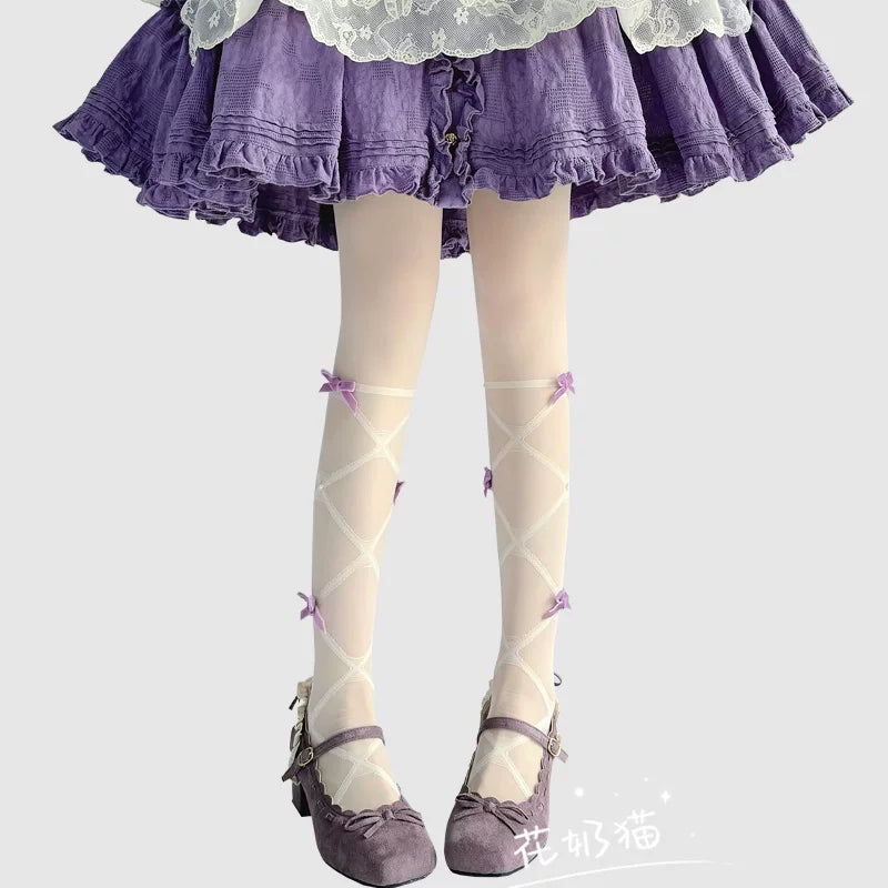 Daily Lolita Summer Pantyhose, Delicate Bows Vintage Purple Bows One Size