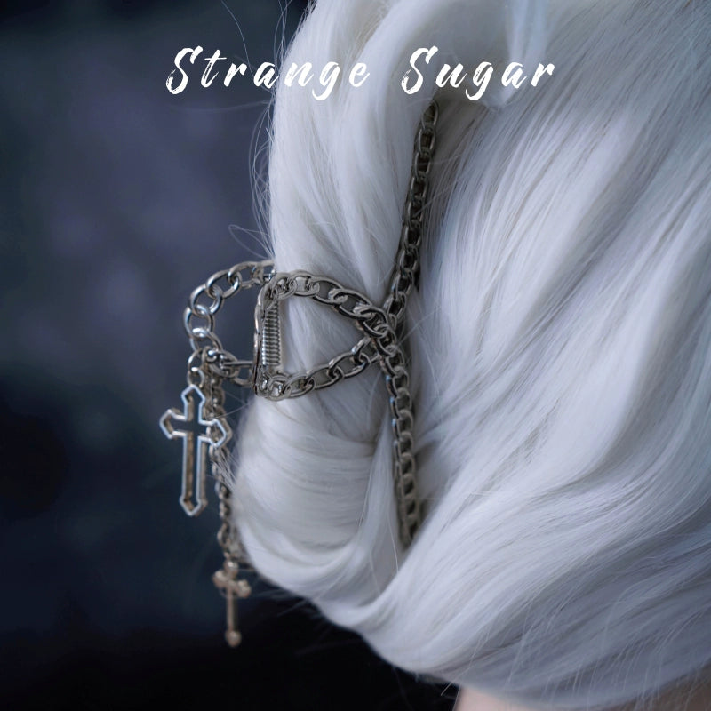 Strange Sugar~Gothic Lolita Hair Clip Alloy Bow Cross Lolita Claw Clip Accessories 5 Metal Chain  