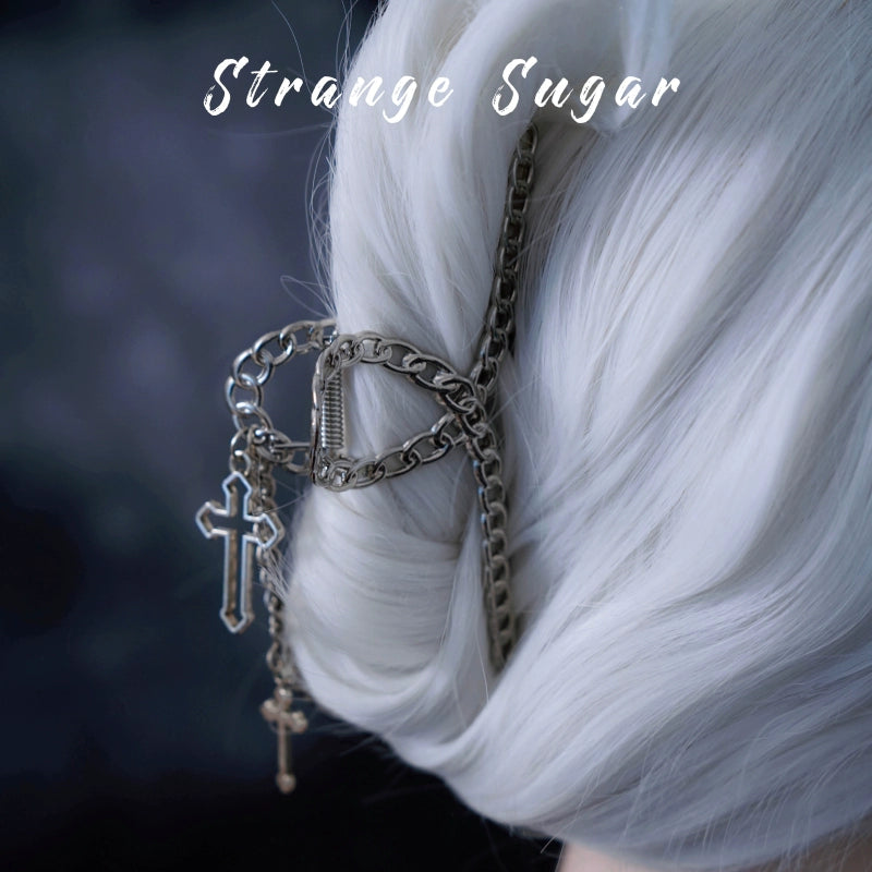 Strange Sugar - Gothic Lolita Hair Clip Alloy Bow Cross Lolita Claw Clip Accessories 5 Metal Chain