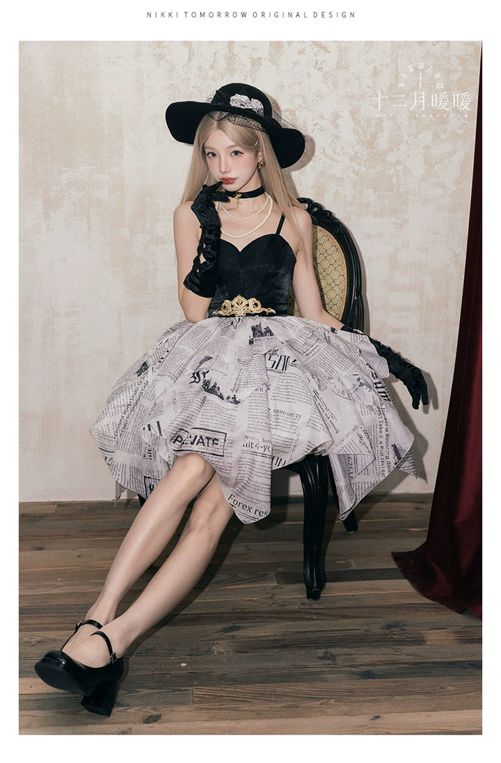 Nikki Tomorrow~Modern News~Retro Lolita JSK Irregular Print Dress with Pearl Choker