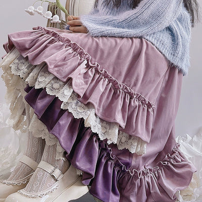 (BFM)Pinkwink~Night Star Autumn Purple Skirt Lace Irregular Hem SK   