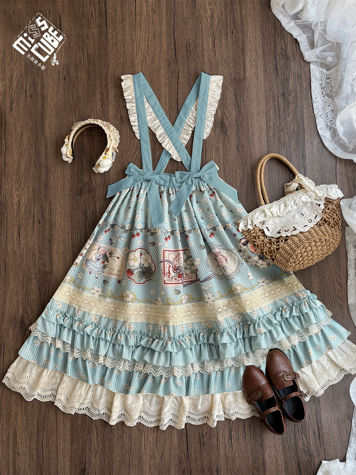 Miss Cube~Cool Sheep Whisper~Kawaii Retro Lolita SK with Detachable Suspenders Light blue - print suspenders SK only XS