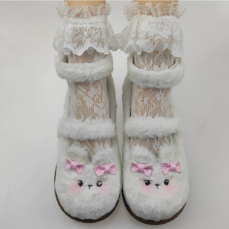 Fairy Godmother - Cute Plush Warm Round Toe Lolita Soft Sole Shoes 34 Rabbit fur in white with fur lining
