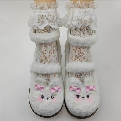 Fairy Godmother~Cute Plush Warm Round Toe Lolita Soft Sole Shoes 34 Rabbit fur in white with fur lining 