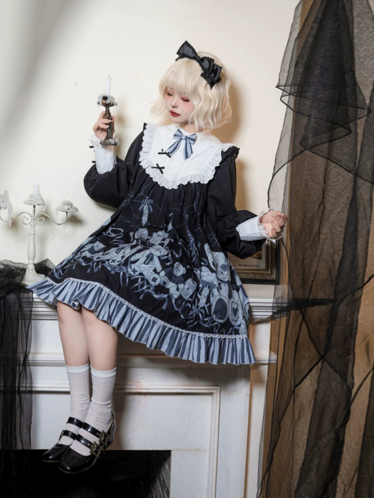 Bandage Bear - Gothic Lolita Long-Sleeve OP Dress, Teddy Bear Print 45908:867380