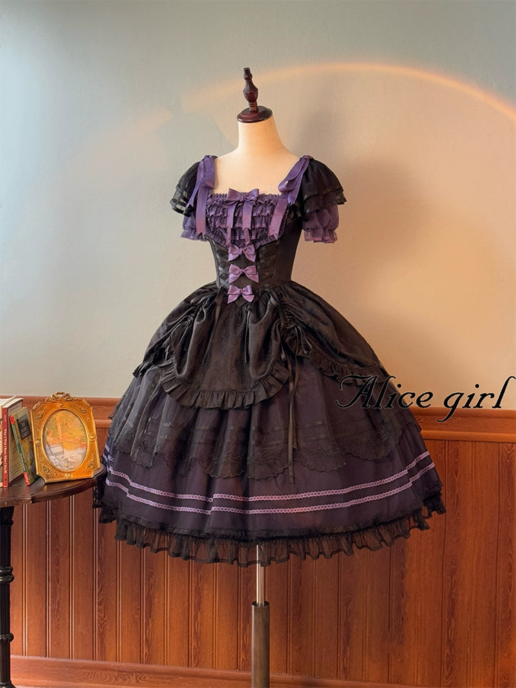 Alice girl~Yesterday Morning Mist~Classic Lolita OP Bust-supporting Tiered Ruffles Lolita Dress Black-purple JSK only XS