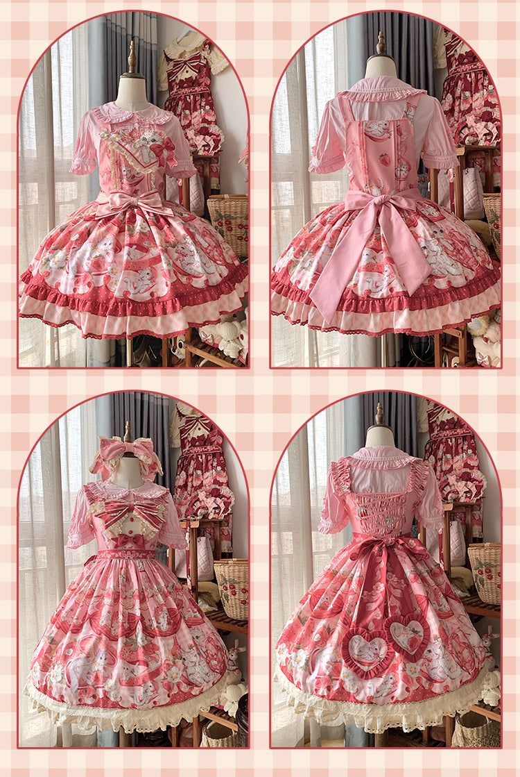 Mewroco~Strawberry Cat~Sweet Lolita Dress Suit JSK and Salopette with Cat Prints 42105:726515