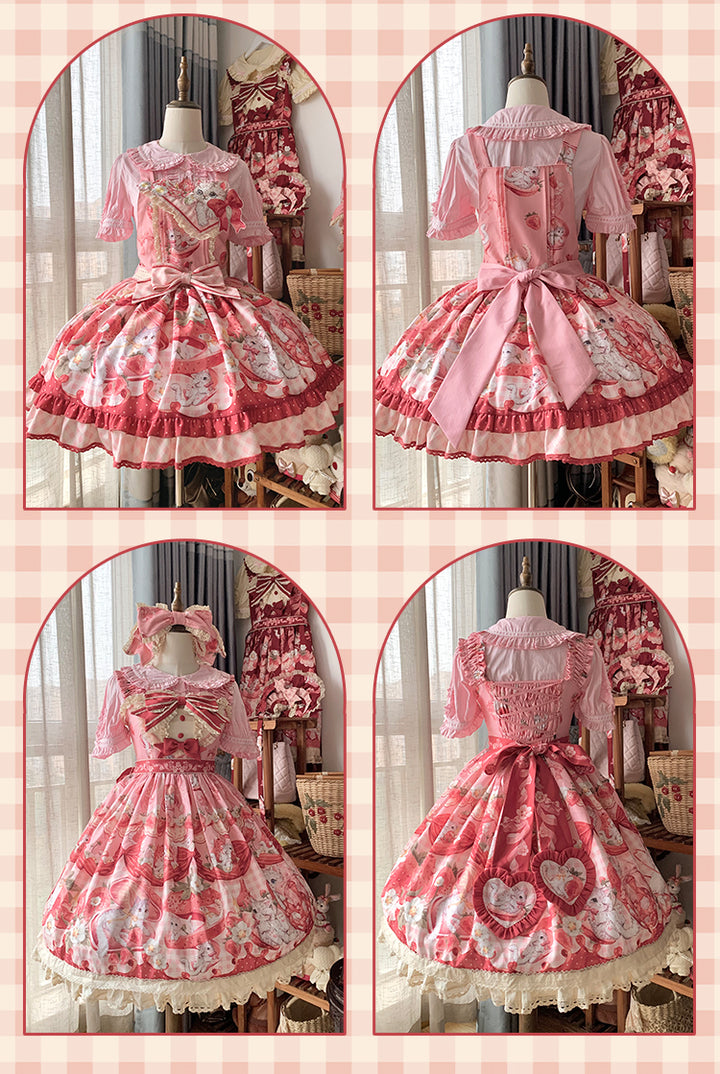 Mewroco~Strawberry Cat~Sweet Lolita Dress Suit JSK and Salopette with Cat Prints 42105:726515