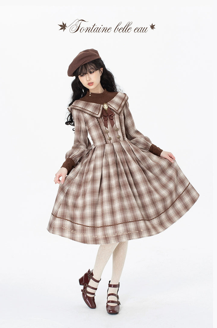 ZeeYe~Maple Dan Bai Lu~Classic Lolita Plaid Dress Long Sleeved OP Brown Plaid OP (with a metal brooch + back long bow) 2XL Short Version