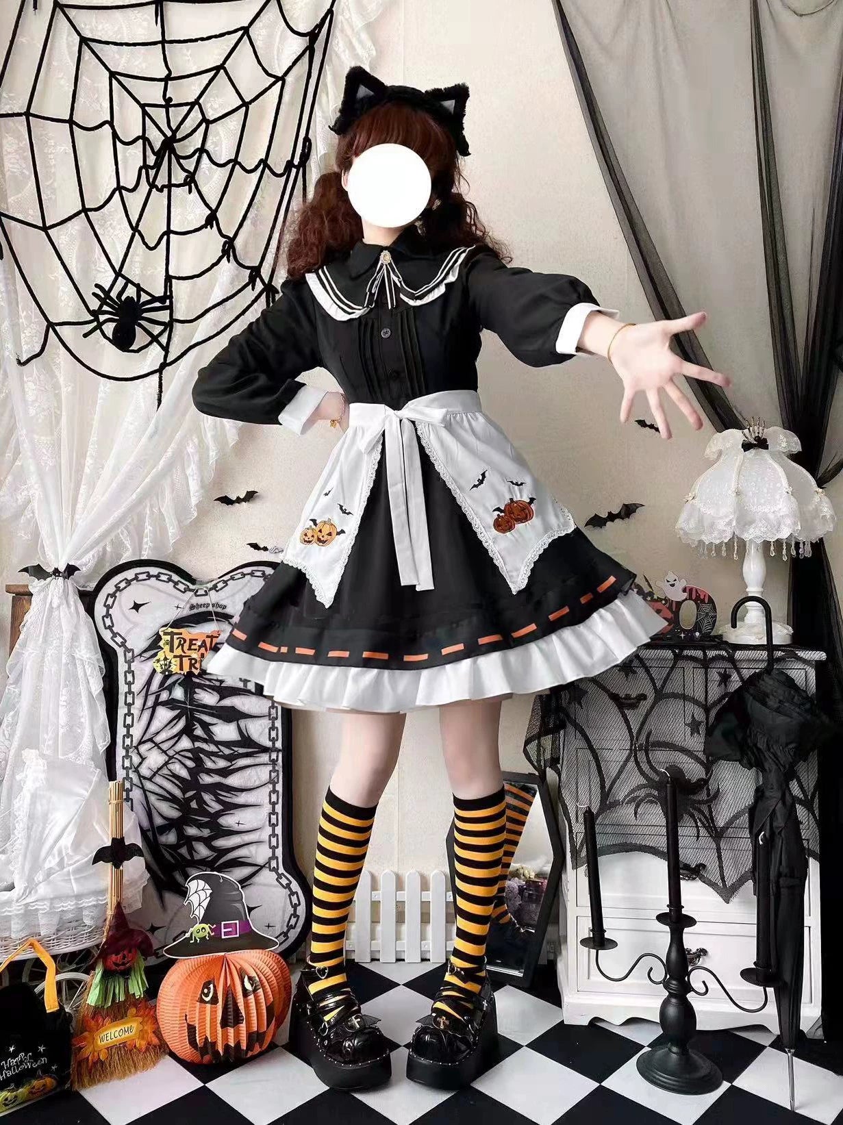 Little Witch - Halloween Gothic Lolita OP Dress Set, Pumpkin & Bat Embroidery