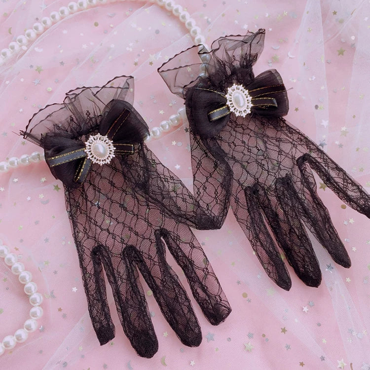 Handmade Lolita Wedding Lace Gloves One size Black Lace Gloves (with bow)
