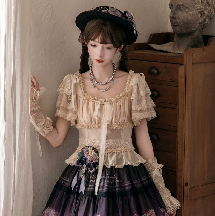 ZUOlanrichen~Romantic Rose~Classic Lolita Shirt with Puffy Sleeves Sheer Skirt Overlay Romantic Rose - Blouse Only S